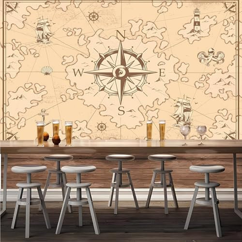 Lcythiazole Customizable Size Peel and Stick Nautical Map Wallpaper,Retro Wallpaper,Compass Background,for Restaurant,Living Room, Bedroom,Office,Self-Adhesive