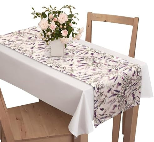 Voppi Deko lila Tischläufer gemustert Tischdecke 220cm Tischdeko Lavendel Blumen grün Blätter für Esszimmer Wohnzimmer Küche