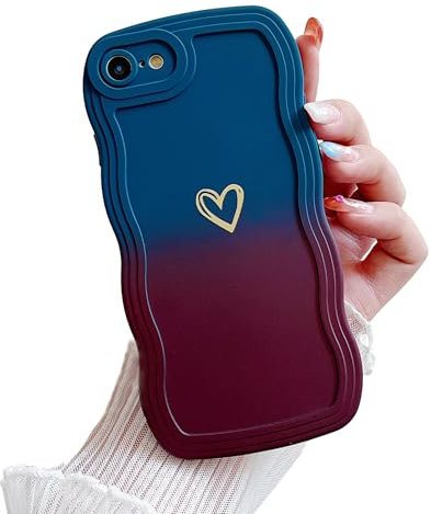 LSOUGUK Compatible with iPhone SE 2022/8/7 /SE 2020 Case for Women Girl,Cute Love Heart Pattern Curly Wave Frame Protection Case Gradient Colour Soft TPU Protective Cover for iPhone 7/8
