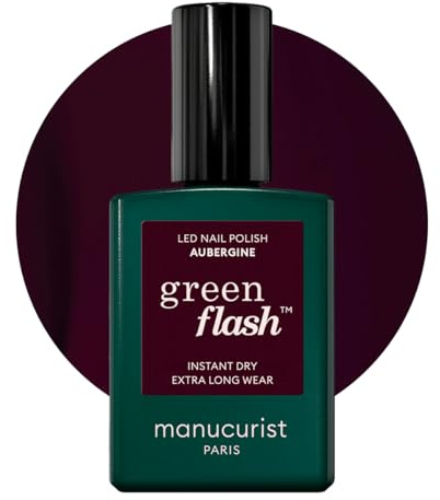 Manucurist Green Flash Aubergine Dark Purple LED Gel Nail Polish | LED gel polish and semi-permanent nail varnish, UV nail lamp compatible. 12-free, bio-sourced, vegan, Made in France, 15 ml
