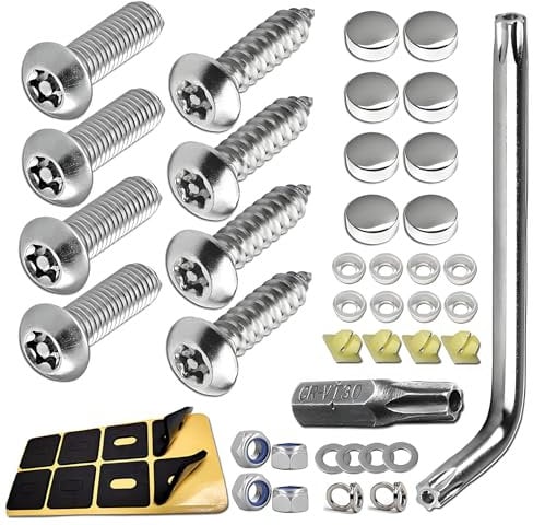 Security Screws Number Plate Screw Caps Kit Tamper Resistant Fasteners Car Number Plates for Front Rear Frame Holder Mounting 1/4 Rust Proof Number Plate makerBolts Fasteners Kit