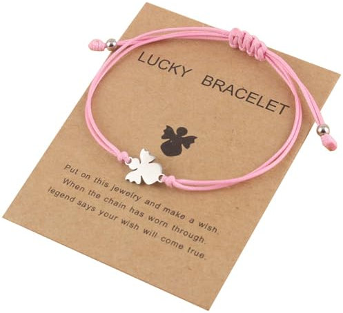 Bracelet Ange Gardien avec Corde Tressée Réglable pour Fille - Cadeau de Baptême, Communion en Tissu Rose avec Pendentif en Métal