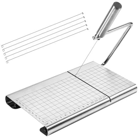 Cheese Slicer Cutter with 5pcs Replacement Wires, Stainless Steel Cutter Board with Precision Scale and Anti Slip Pads for Cutting Block Cheese & Butter Kit