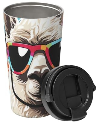 Alpaka mit Sonnenbrille, Thermobecher aus Edelstahl, isoliert, doppelwandig, Vakuum-Thermosbecher mit Klappdeckel und Griff, auslaufsicher, Reisebecher für heiße und kalte Getränke, 473 ml