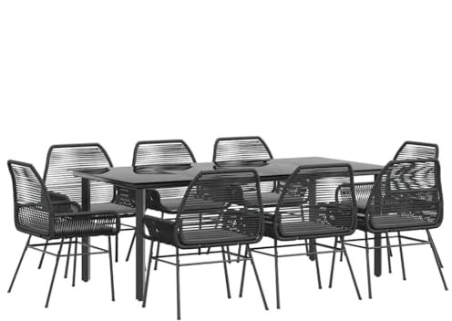 vidaXL 9-TLG. Garten-Essgruppe mit Kissen Schwarz Poly Rattan Glas, Outdoor Essgruppe, Essgarnitur Terrasse, Garten Essgarnitur, Terrasse Essgruppe