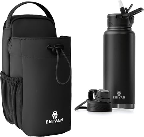 ENIVAN Magnetic Gym Bag & 1L Insulated Water Bottle Set – Waterproof Bag with Phone Pocket, 1.5L Bottle Holder, Adjustable Strap – Leakproof BPA-Free Bottle – Ideal for Gym, Fitness, Travel – Black