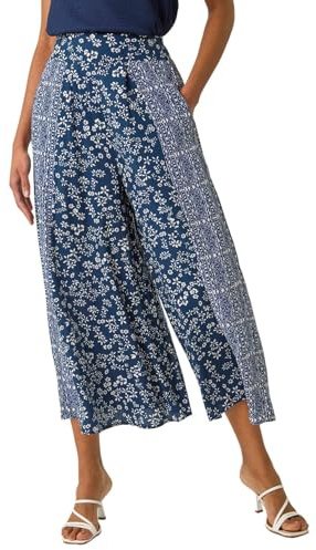 Roman Originals Floral Print Wide Leg Culottes for Women UK - Ladies Everyday Holiday Spring Summer Comfy Soft Evening Vacation Work Party - Navy - Size 10