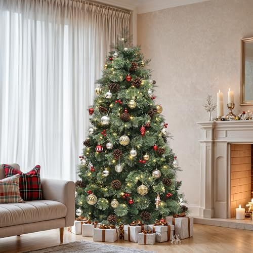 YITAHOME Albero di Natale con telecomando, albero di Natale verde artificiale con tecnologia a cerniera, 650 punte miste, aghi di pino, 36 coni, 30 bacche rosse, 300 luci e 11 modalità