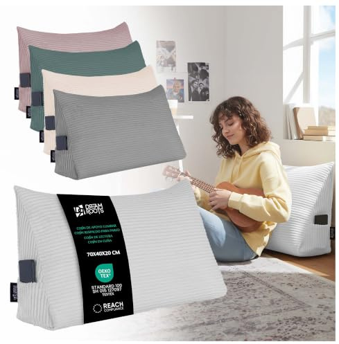 DreamRoots Lesekissen Keilkissen Cord, 70x40x20 cm, Hellgrau | Rückenkissen, Wandkissen, verstellbar, Bezug 380 g/m², abnehmbar & waschbar, Seitentasche, für Bett & Sofa