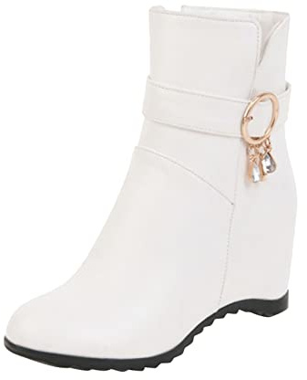 Stivali Donna alla Caviglia con Zeppa Interna Cerniera Laterale e Fibbia Decorativa in Pelle Eleganti (White, 41)