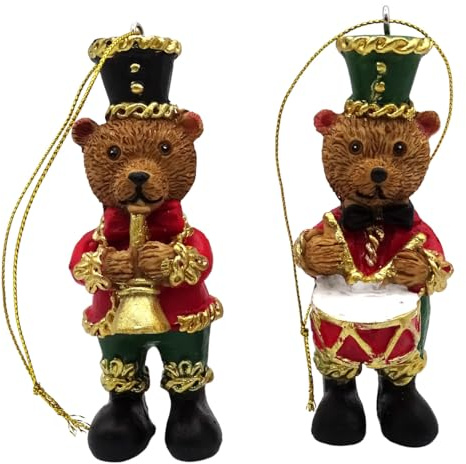 Set 2 Weihnachtsanhänger Bären mit Instrumenten – Christbaumschmuck aus Poly 10 cm – Trommel & Trompete – bunt & verspielt – Logbuch-Verlag