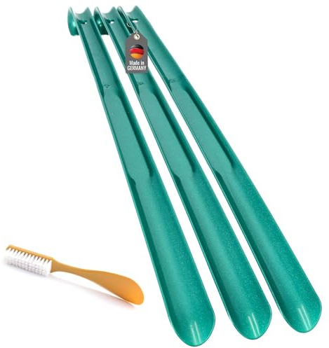 Lantelme 4er Set Schuhlöffel | 3x Extra Lang 65cm Made in Germany + 1x Schuhanzieher mit Bürste 20cm | Rückenschonende Schuhanziehhilfe Farbe Auswählbar (Grün)