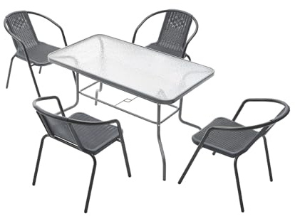 MAT-COMPANY Gartenmöbel Set 5 teilig Balkonmöbel Set mit 4 Stühlen und Tisch Polyrattan Bistro Set Balkon Terrasse Garten Sitzgruppe mit Glastisch Metallgestell Grau