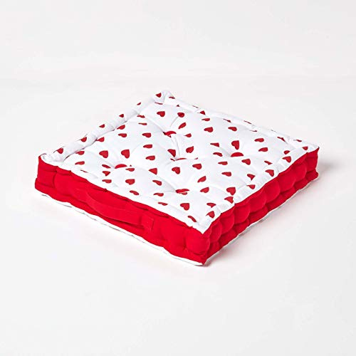HOMESCAPES - Hearts - 100% Cotton - Large Floor Cushion - Red White - 50 x 50 x 10 cm Square - Indoor - Garden - Dining Chair Booster - Seat Pad Cushion.