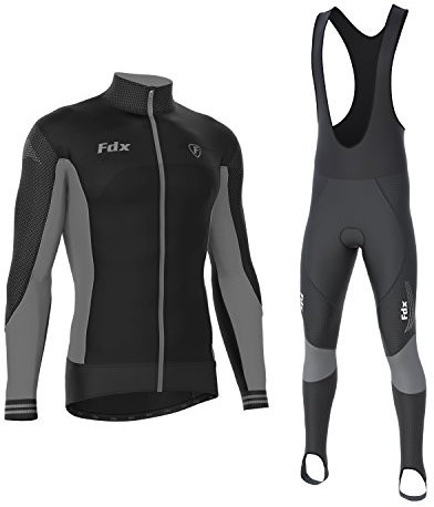 FDX Men's Thermodream Winter Cycling Suit - Italian Thermal Roubaix Windproof Clothing Set - Long Sleeve Jersey with 3D Padded Bib Tight for Biking, Bicycle Riding, Outdoor Sports (Grey-XXL)