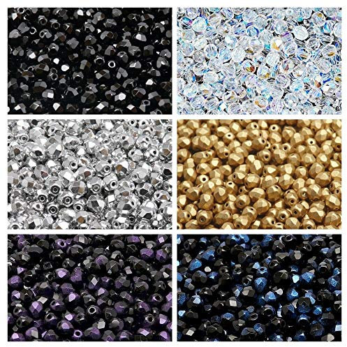 Cuentas checas facetadas de vidrio, Fire-Polished, redondas de 4mm. Seis colores. Total de 600 uds. (1/2 Mass). Set 4SFP607 (4FP001 4FP002 4FP033 4FP085 4FP099 4FP100)