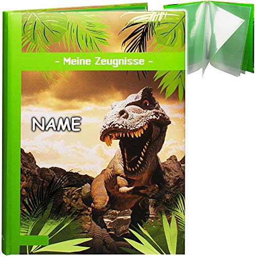 A 4 - Zeugnismappe/Dokumentenmappe - Meine Zeugnisse Dinosaurier - Tyrannosaurus Rex - inkl. Name - GEBUNDEN mit festen Seiten - A4 - Softcover - für Kind..