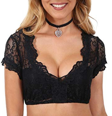 Krüger Trachten Hübsche Dirndlbluse aus Spitze (schwarz Kurzarm, 32)