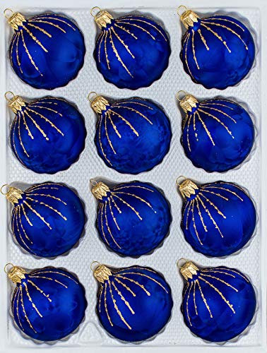 12 TLG. Glas-Weihnachtskugeln Set in 'Ice Royal Blau Gold' Regen - Christbaumkugeln - Weihnachtsschmuck-Christbaumschmuck