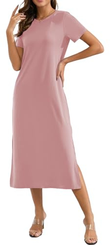 Naggoo Women's Short Sleeve Split Maxi Dress Casual Plain Tie Dye Print Tshirt Long Dresses with Pockets, Pink, L