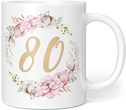 Geschenk Tasse Geburtstag 80 Frau - Geschenkideen zum 80 Geburtstag - Geburtstagsgeschenk für Frauen Blumen - Keramik 330ml