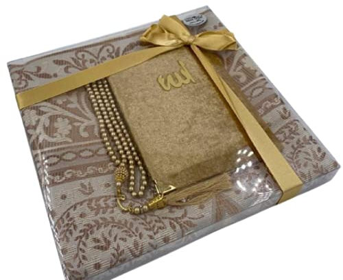 Sajadah Koran Tasbeeh Islamisches Geschenkset für Ramadan, Hajj, Umrah, Hochzeit, Geburt, Mevlid Muslim Seccade Sajadah Sajadah Rosenkranz Tespih Hediye Seti (Gold)