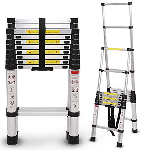 Aluminium-teleskopleiter, 2.8m/ 4m/ 5.2m/ 5.8m/ 6.4m/ 7.6m Ausziehleiter Teleskop-Design, A-Rahmen, Leicht, Tragbar, Mehrzweckleiter, 150kg Belastbarkeit,1.4m+1.4m/4.5ft+4.5ft