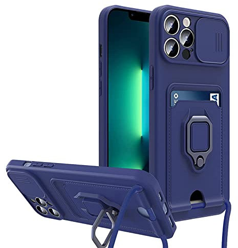 Rokmym Coque pour iPhone 13 avec Cordon de Collier,Coque Protection Caméra Slide Case [avec Anneau Rotatif à 360 degrés ] Silicone Coque avec Slot Card Holder Housse pour iPhone 13
