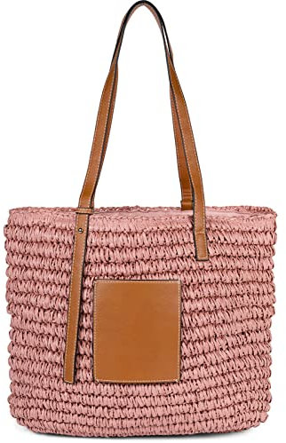 styleBREAKER Korbflecht Schultertasche aus Papierstroh mit Kunstleder Details | Damen Shopper Basttasche geflochten mit Reißverschluss | Strandtasche 43 x 34 x 4 cm, Farbe:Altrose