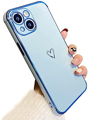 ZTOFERA Compatible with iPhone 13 Case for Girls Women, Flexible Silicone Phone Case with Cute Heart Pattern Electroplated Design Shockproof Protective Bumper Cover for iPhone 13, Sierra Blue