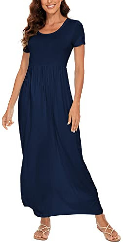 DEARCASE Damen Maxikleid Sommer Umstands Casual Kurzarm Blumen Lockeres Langes Kleider Übergröße Damenkleid mit Tasche