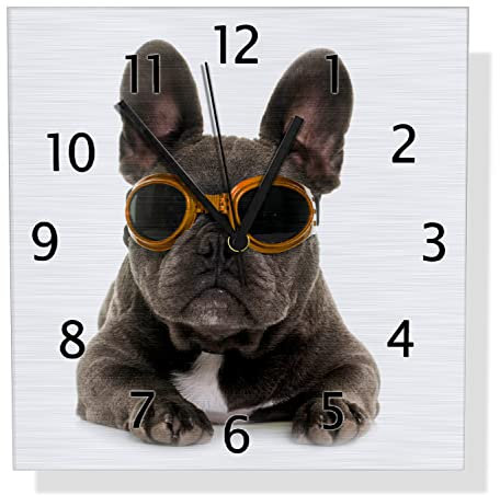 Wallario Design Wanduhr Cooler Hund mit Sonnenbrille in orange - Französische Bulldogge aus Aluverbund, Alu-Uhr Größe 30 x 30 cm, Schwarze Zeiger mit Metalloptik