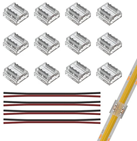 SEZO LED Streifen Verbinder Kit LED Eckverbinder 12PCS FCOB 2PIN 8mm Transparenter Ungeverdrahteter Lückenloser Lötfreier Board to Wire Connectors + 4PCS 15cm langer 20AWG Verlängerungsdraht