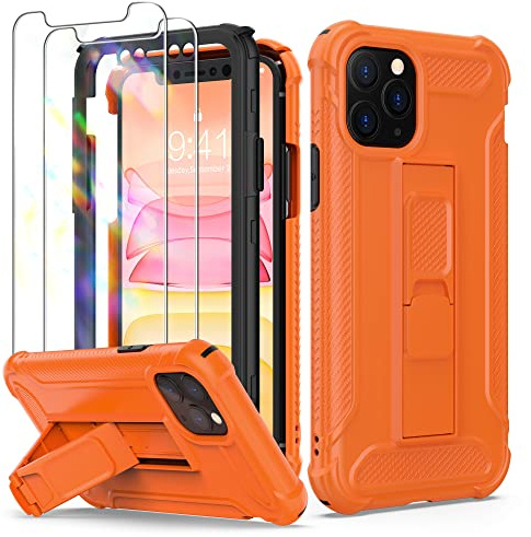 ORETECH for iPhone 11 Pro Case, Built-in Kickstand Phone Holder - Orange | 2 x Tempered Glass Screen Protectors, Heavy Duty Military Grade Drop Shockproof Protection