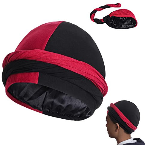 hoyuwak Halo Turban für Männer Satin gefütterte Kopfwickel mit langen gedrehten Trägern Stretch Durags Beanie Mützen Schal für männliche Jungen (schwarz und rot)