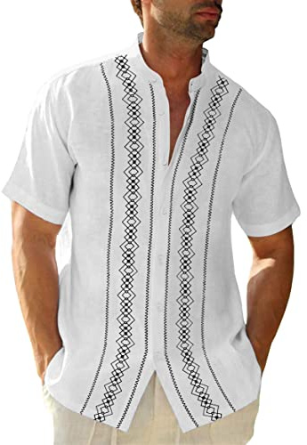 Cuban Guayabera Shirts for Men Short/Long Sleeve Casual Button Down Shirt Band Collar Beach Camp Mexican Shirt, White, Medium