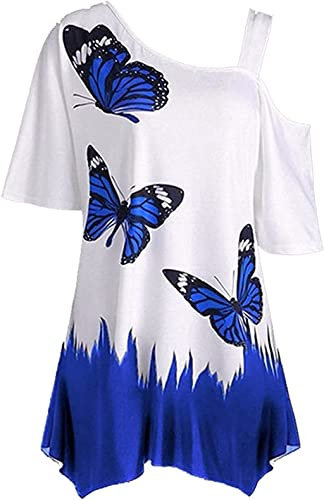 PEOD Damen Schmetterling Blumen Muster Bluse Schulterfrei Hemd Sommer Kurzarm One Shoulder Plissee Hanky Hem Oversized Oberteile Tunika Top Locker T Shirt Plus Size Blau gr 42