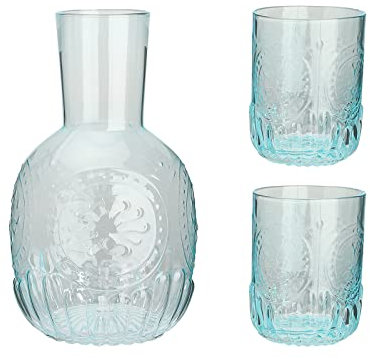 44oz Crystal Nightstand Water Carafe with 2 Tumbler Glass Cup, Bedside Water Carafe and Glass Set, Glass Juice Mouthwash Bottle for Storing Water, Juice and Other Drinks(Blue)