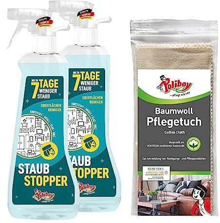 POLIBOY Staubstopper - bis zu 7 Tage weniger Staub - Allzweckreiniger - Staub Meister - für staubanfällige Möbel & Oberflächen - 2x 500 ml mit Baumwolltuch - Made in Germany