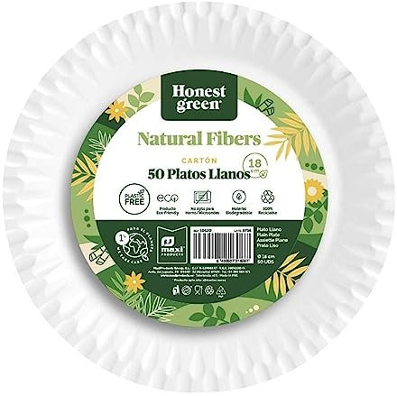 Honest Green platillo desechable llano redondo compostable 18 cm 50 ud x 10 packs. Total 500 ud.