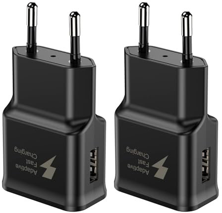 Samsung15W Chargeur Rapide Prise USB [2-Pack] pour Samsung Galaxy S22, S21, S20, S10, S10e, S9, S8, S7, S6, Edge/Plus/Active/A13/A14/A53 5G/Note 5/8/9/10/20 et Autres appareils de Charge Rapide(Noir)