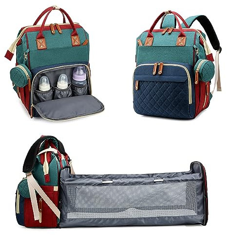 Fexkean Wickeltasche Rucksack Baby Wickelrucksäcke mit Großer Reisewindeltasche mit faltbarem Kinderbett Multifunktions Babytaschen Wickelauflage Babybettrucksack-Mehrfarbig