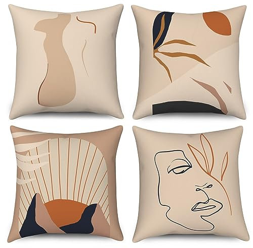 ASDCXZ Boho Kissenbezug 50x50 cm 4er Set, Modern Abstrakt Kunst Mädchen Gesicht Blätter Khaki Dekokissen Kissenbezüge Kissenhülle Waschbar Polyester Flachs Textil Polster Kopfkissenbezug Kissen Bezug