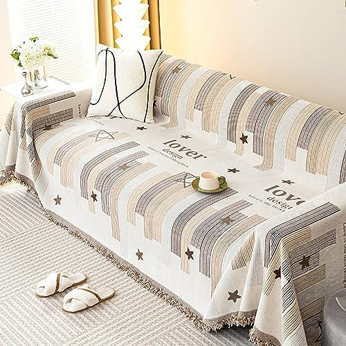 Gualiy Couchbezug 180x360cm, Streifen und Sternmuster Sofabezug 4 Sitzer Überwurf Sofa Katzenschutz Khaki Couchbezug für Wohnlandschaft
