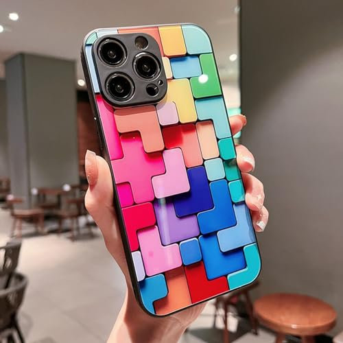 YODAOLI Flat 3D Square Pattern Glass Case Cover Compatible with iPhone, for iPhone 15 Flat 3D Square Pattern Glass Case Cover for iPhone 15/14/13/12/11 Promax (Black,for iPhone 11Pro)