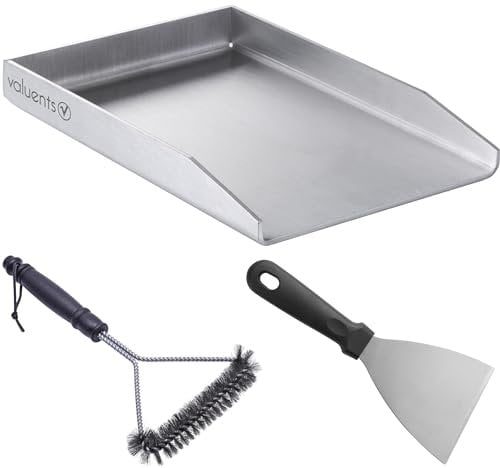 valuents Plancha Grill Plancha in acciaio inox, rettangolare, 30 x 20 cm, argento spazzolato, con spazzola e spatola