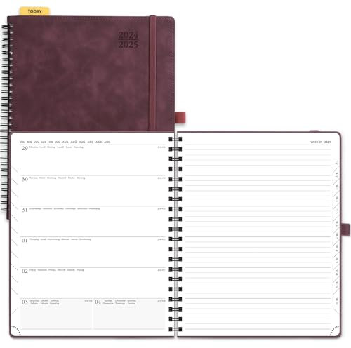 POPRUN Kalender 2025 Buchkalender A4 Notizbuch (Aug.2024-Dez.2025), ca. A4 (26,5 x 21,5 cm), Terminplaner, Wochenplaner 2025 Ringbuch mit Softcover, Zertifiziertem Papier - Weinrot
