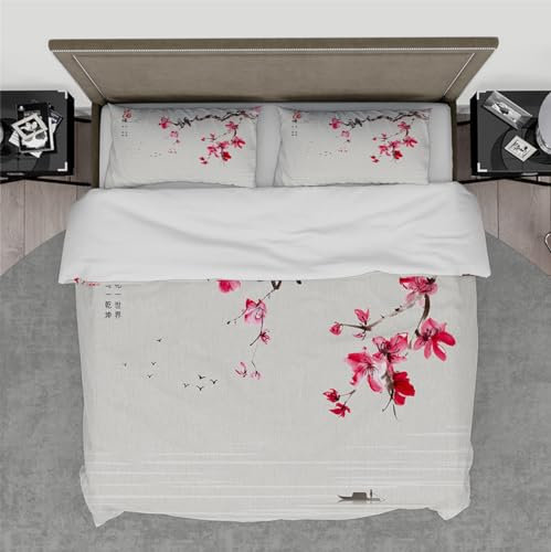 Elegante Funda de edredón Set 3 Piezas Ramas de Flor de Ciruelo Rojo en Pintura de Tinta de Paisaje Juego de Ropa de Cama de Dormitorio con 2 Cremallera de Almohada Shams 200 x 200 cm