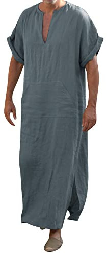 Herren Muslim Kaftan Baumwolle Leinen Muslimische Dubai Robe Herren V-Ausschnitt Seite Split Kurzarm Robe Nachthemd Muslimische Kleider Muslim Ethnische Maxikleid Ramadan Roben Taiji Kleidung