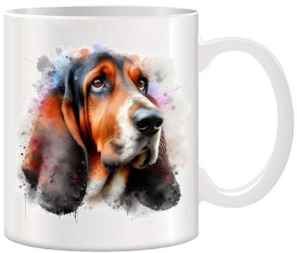 Stag Gallery Basset Hound Dog 10oz Ceramic Mug Watercolour Splash Effect | Ceramic, Watercolour Splash Effect, Artistic Colourful Design, Gift